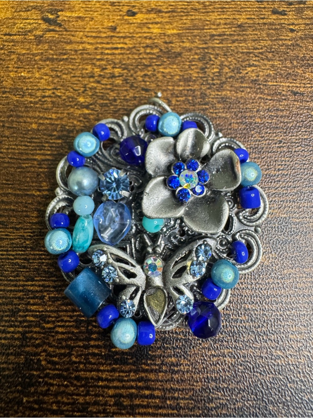 Hand Crafted Blue Floral & Butterfly Statement Necklace Pendant